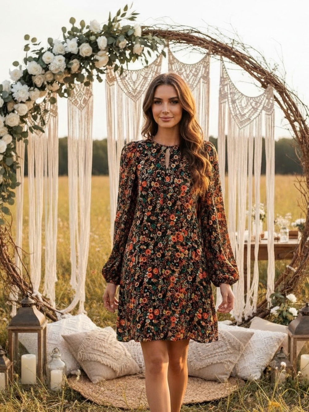 H&M Rayon Floral Dress with Puff Sleeves